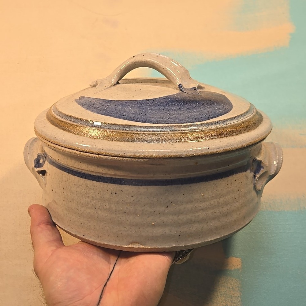Studio‎ Pottery Lidded Casserole 10" Blue Stoneware Handmade Artist Signed 1970s